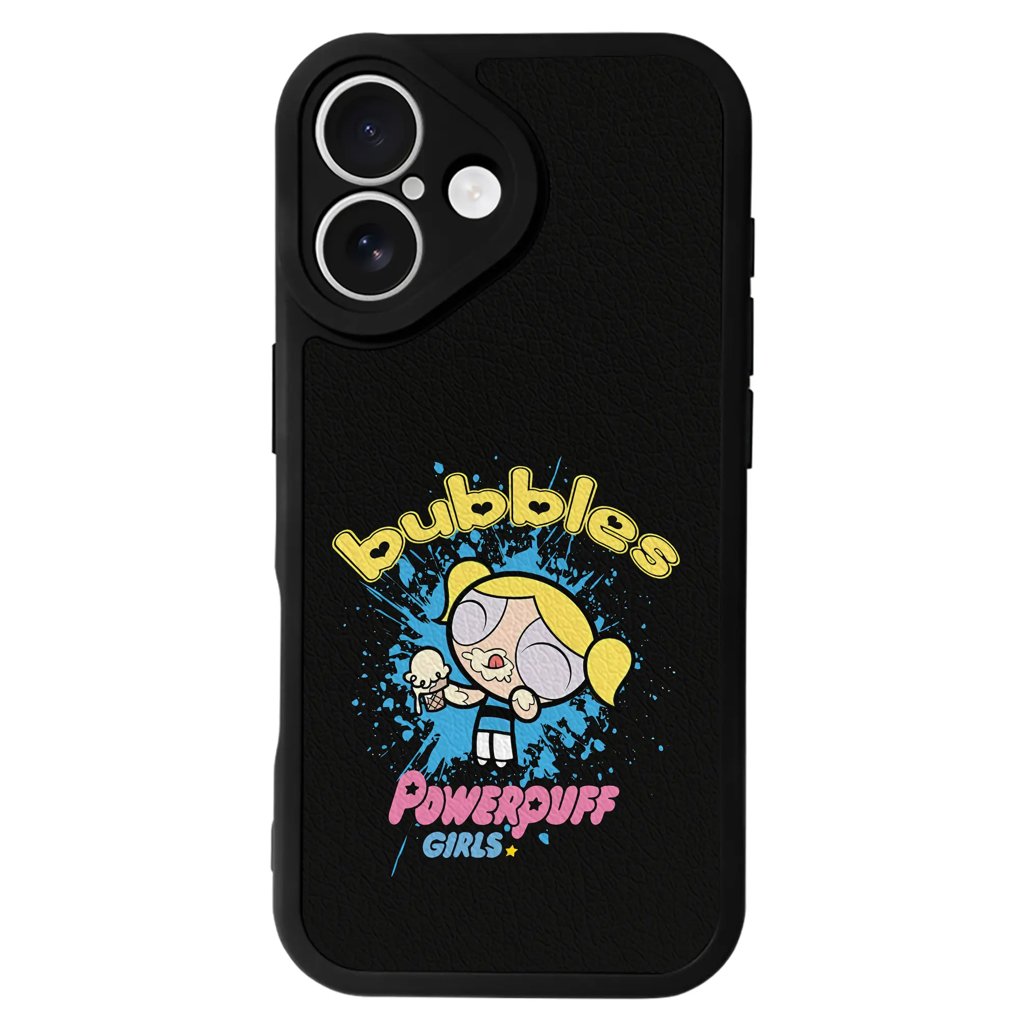 パワパフガールズ グッズ バブルス - IPhone 16シリーズ対応 ・ シリコンスマホケース ・ レザー調 ・ 高精度フィット ・ 耐衝撃 ・ ワイヤレス充電対応 ・ 精密カット